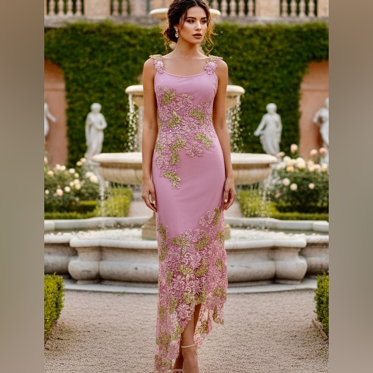 Attitudes By Debra Elegant Pink And Green Very Intricate Hand Beaded Lace Dress